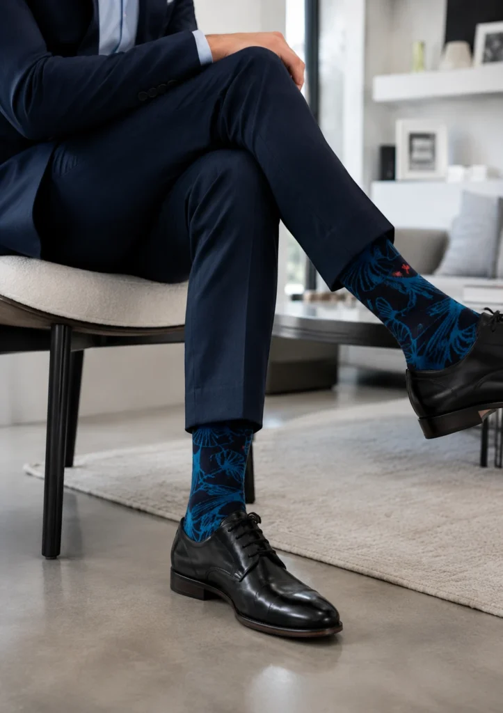look chaussettes colorées - guide Homme en costume bleu marine portant des chaussettes fantaisie homme motif feuilles de ginkgo bleu sur fond marine dans un intérieur moderne et élégant