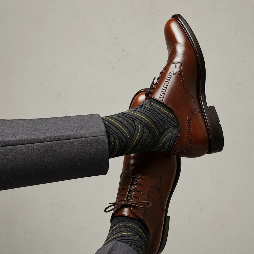 look chaussettes colorées - conclusion Homme portant des chaussures élégantes avec des chaussettes fantaisie liligambettes
