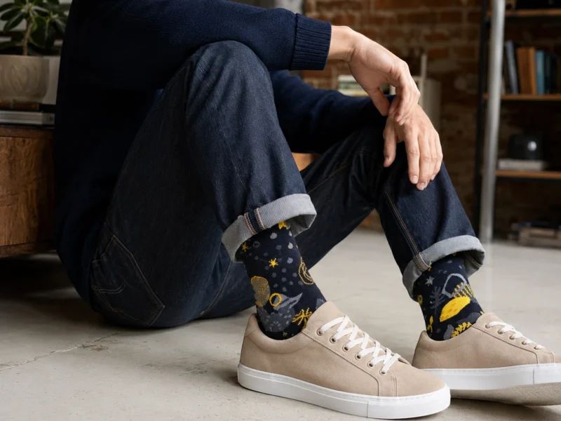 Bien associer chaussettes fantaisie homme jean et baskets