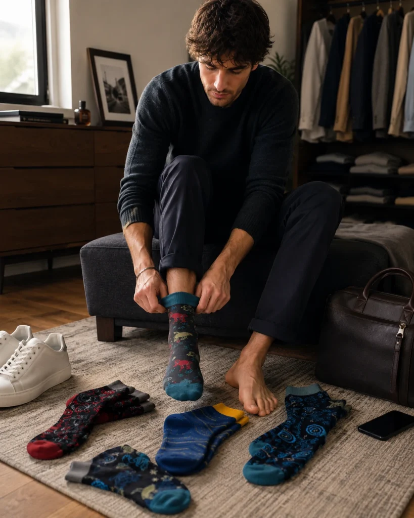 look chaussettes colorées - introduction Jeune homme élégant assis dans sa chambre en train d’enfiler des chaussettes fantaisie originales avant de partir au travail, hésitant entre plusieurs modèles colorés de chaussettes homme.